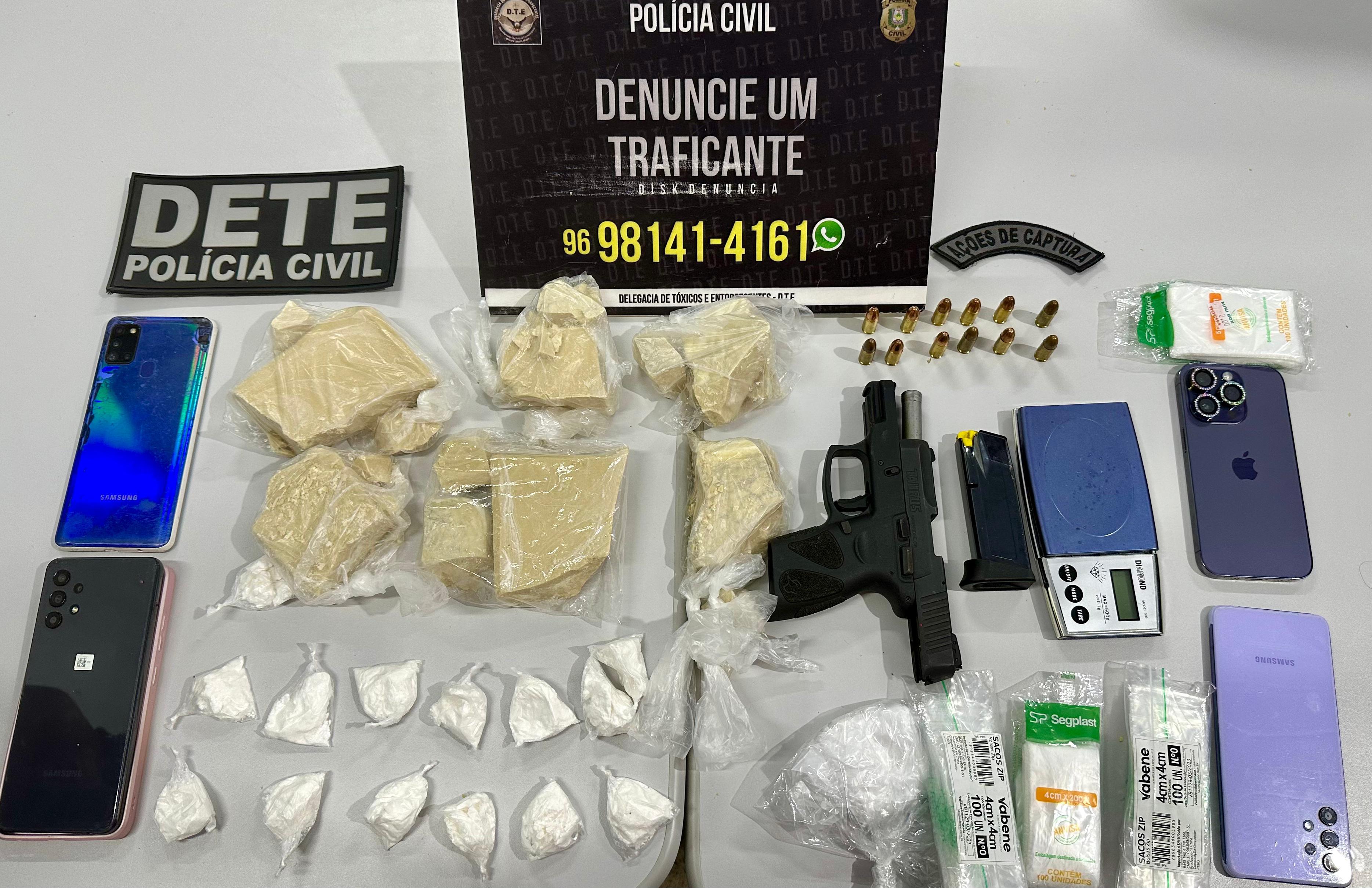 EM MACAPÁ, POLÍCIA CIVIL PRENDE DUAS PESSOAS EM FLAGRANTE E APREENDE DROGAS, UMA ARMA DE FOGO DE USO RESTRITO E MUNIÇÕES